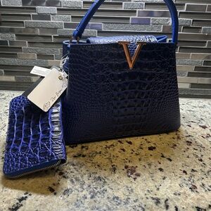 Vibrant Blue Crocodile Embossed Handbag